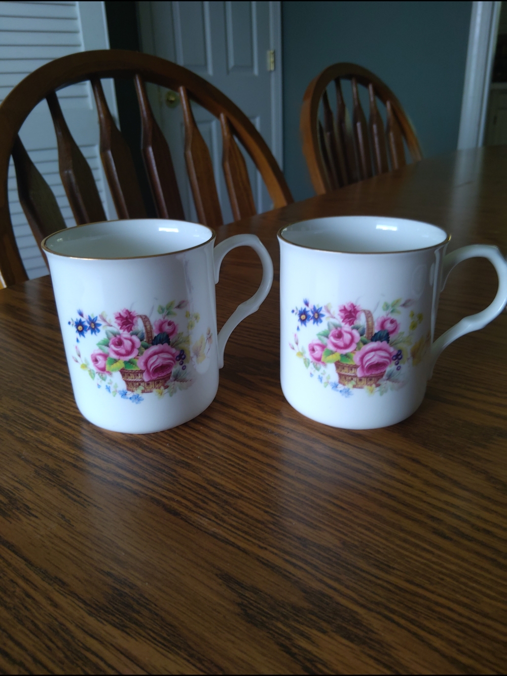 Vintage White Porcelain Floral Mugs with Pink Rose Basket and Gold Rim England
